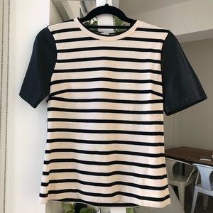J. Crew striped tee with real leather sleeves